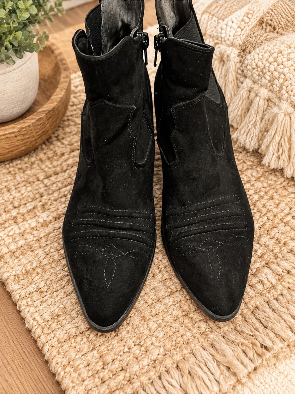 Carlos by Carlos Santana Black Suede Pointed Ankle Booties with Stitch Detail